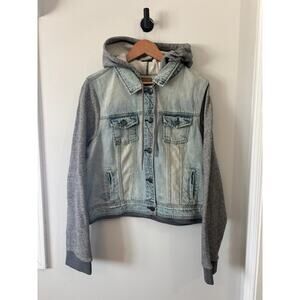 American Eagle Large Denim Jacket Womens Knit Sleeves And Hood Button Up XXL